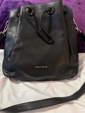 Cole Haan Black Pebbled Leather Drawstring Shoulder Bag with Gold Hardware